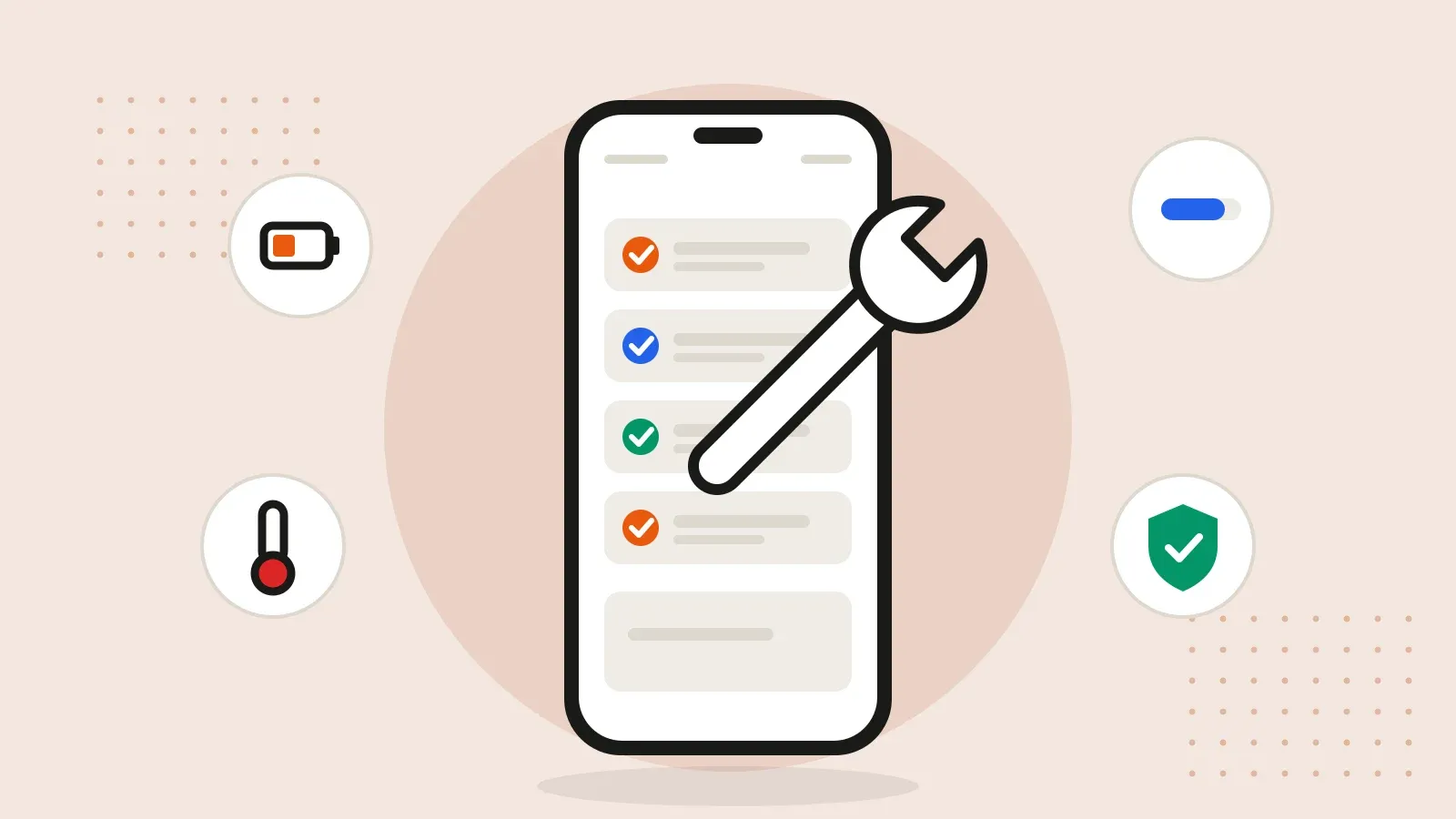 Kontrol listesi açık bir telefon, üzerinde anahtar; çevresinde pil, sıcaklık, depolama ve güvenlik simgeleri